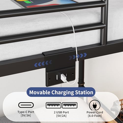 Jocoevol Metal LED Bunk Bed Twin Over Twin with 2 Storage Drawers, USB Charging Station, Industrial Bunkbeds Heavy Duty Bed with Safety Guardrail and Ladder, No Box Spring Needed, Vintage Brown Jocoevol