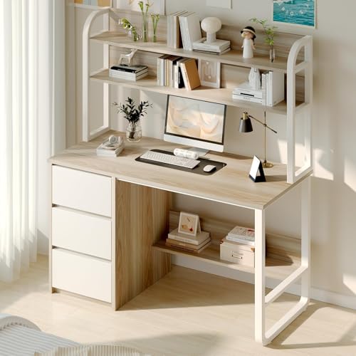 MaverickFurni 60 Inch Desk with Drawers, Computer Desk with Hutch for Bedroom, Study Writing Desk with Shelves for Small Spaces, Adjustable Feet (White and Walnut) MaverickFurni