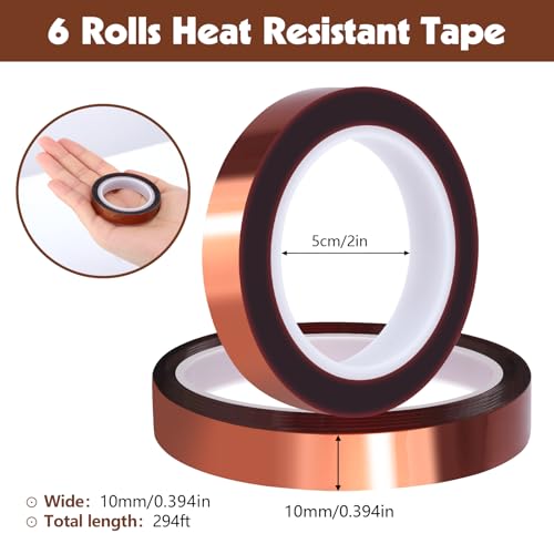 Fyguard 6 Rolls Heat Resistant Tape, 10mm x 49Ft (15m) High Temperature Resistant Transfer Tape for Heat Press Sublimation Welding Electronic Equipment Printing, No Residue Fyguard