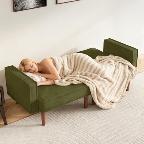 Furnify 71" Velvet Futon Sofa Bed, Versatile Loveseat Couch, Sleeper Sofa with Adjustable Backrest, Mid Century Modern Futon Couch for Small Space, Living Room, Office & Apartment, Velvet Fabric Green Furnify
