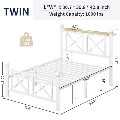 DynJest Twin White Bed Frame with Headboard and Footboard, Storage Shelf with LED Lights and Charging Station, Strong Metal Slats Support, No Box Spring Needed, Under Bed Storage, Easy Assembly DynJest