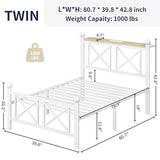 DynJest Twin White Bed Frame with Headboard and Footboard, Storage Shelf with LED Lights and Charging Station, Strong Metal Slats Support, No Box Spring Needed, Under Bed Storage, Easy Assembly DynJest