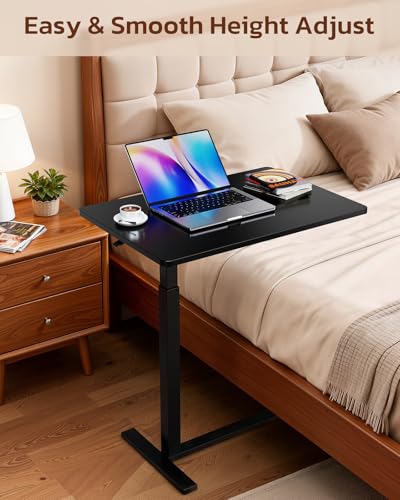 Overbed Bedside Table with Hidden Casters, Adjustable Pneumatic Mobile Laptop Computer Standing Desk, Rolling Laptop Table, Movable Overbed Table Hospital Home Use, Black Simple Deluxe