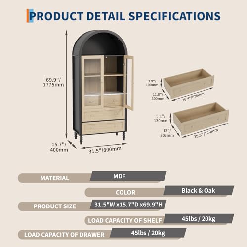 Curtainboro 70in Tall Arched Pantry Cabinet, Wooden Kitchen Bookcase Storage Cabinet with LED Light 3 Drawers Adjustable Shelves Glass Door for Kitchen Living Dining Room, Oak & Black Curtainboro