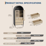 Curtainboro 70in Tall Arched Pantry Cabinet, Wooden Kitchen Bookcase Storage Cabinet with LED Light 3 Drawers Adjustable Shelves Glass Door for Kitchen Living Dining Room, Oak & Black Curtainboro