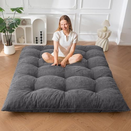 MAXYOYO Japanese Floor Mattress Full Size, 6" Foldable Futon Mattress Tufted Roll Up Floor Bed, Thick Polyester Tatami Mat Sleeping Pad for Camping Guest Room Dormitory Bedroom RV, Dark Grey MAXYOYO