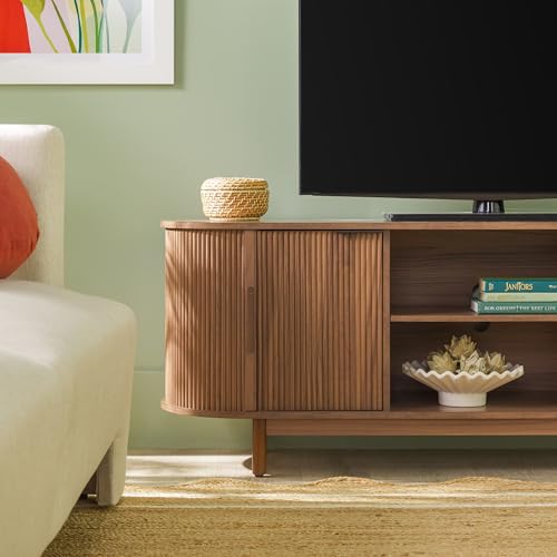 Walker Edison Chloe Curved Reeded TV Stand, Sliding Doors, 65 Inch, 60 inch, Mocha Walker Edison