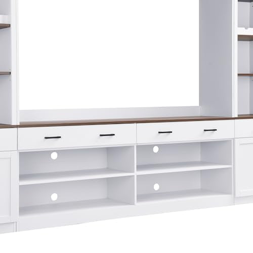 Ball & Cast Farmhouse 4-Piece Wall Unit Entertainment Media Center Set with Bookshelf for TVs Up to 70",Large Entertainment Wall Unit TV Stand W/Adjustable Shelves and Wine Rack,for Living Room,White Ball & Cast