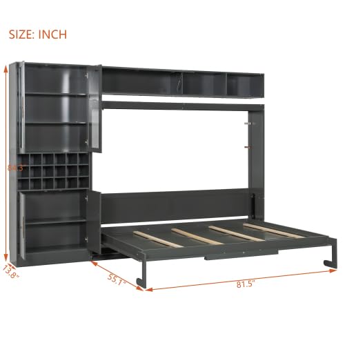 CITYLIGHT Queen Size Murphy Bed with Wine Rack, Storage Cabinet and Shelves, Wooden Wall Bed Frame with Sofa, USB Ports and LED Lights (Gray) CITYLIGHT