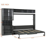CITYLIGHT Queen Size Murphy Bed with Wine Rack, Storage Cabinet and Shelves, Wooden Wall Bed Frame with Sofa, USB Ports and LED Lights (Gray) CITYLIGHT