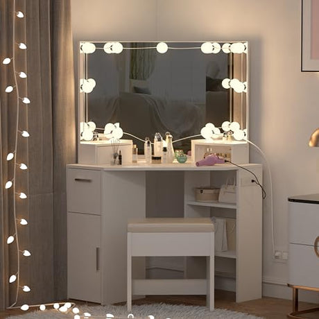 Garvee Corner Vanity Mirror with Lights & Charging Station, Makeup Desk with 3 Color Lighting Modes, 2 Drawers Storage, Stool Included for Bedroom, White Garvee