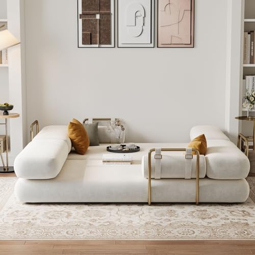 homary Velvet Futon Sofa Bed, 81" Convertible Sleeper Couch with Detachable Bolster Pillows, Stainless Steel Legs, Modern 3-Seater Sofa for Living Room, Apartment & Small Spaces (White) homary