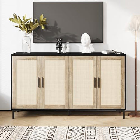JASIWAY Sideboard - Buffet Cabinet with Storage, Rattan Kitchen Buffet Cabinet Accent Sideboard Cabinets with Doors, Coffee Bar Cabinets Rattan Sideboards for Living Room, Entryway, Black JASIWAY