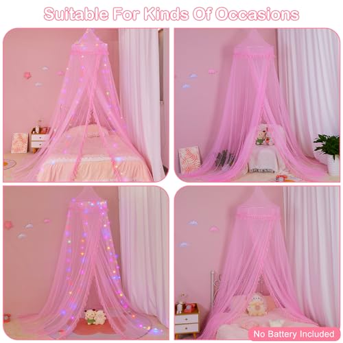 Unicorn Castle Bed Canopy for Girls with Remote Timer Breathable Canopy Bed Curtains with 8 Modes LED Lights Net Canopy for Bed for Girls Room Decor,Pink