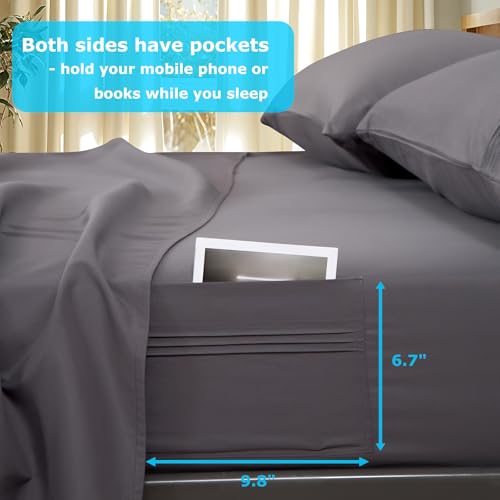 Popfavor Deep Pocket Queen Fitted Sheet - Fits Mattresses Up to 21" Thick - 4 Piece Bed Sheets - Moisture Wicking, Cooling & Soft Fitted Sheet & Pillow Cases (Grey) Popfavor