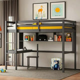 PVWIIK Twin Size Loft Bed with Shelves and Desk,Solid Wood Loft Bed Frame w/Safety Guardrail and Ladder,Space Saving Design, No Box Spring Needed, Grey PVWIIK