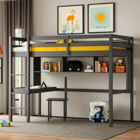 PVWIIK Twin Size Loft Bed with Shelves and Desk,Solid Wood Loft Bed Frame w/Safety Guardrail and Ladder,Space Saving Design, No Box Spring Needed, Grey PVWIIK