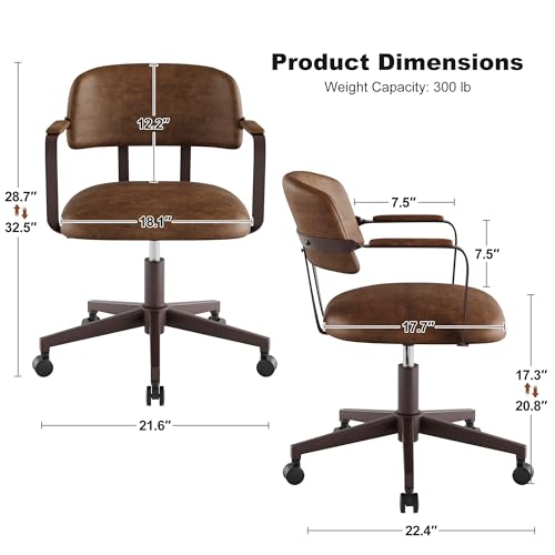 BERYTH Home Office Desk Chair, Mid-Century Style Desk Chair with Padded Arms, Adjustable Seat Height, Mid Back 360° Small Computer Chair with Mobile Mute Wheel, PU Leather (Brown) BERYTH