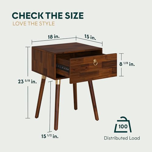 Bme Alden Solid Wood Nightstand/Side Table/End Table, Fully Assembled, with 1-Drawer for Mid Century Bedroom and Living Room, (12mm), Dark Chocolate Bme
