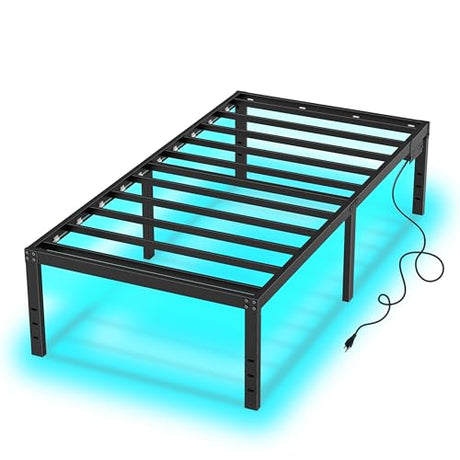 HusDream Twin XL Bed Frames for Kids 14 Inch Twin Bed Frame with LED Lights and Charging Station,Metal Bed with Storage Black Platform Bedsfor Boys Girls,No Box Spring Needed (14 Inch, Twin XL) HusDream