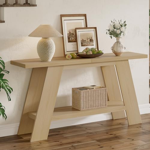Treocho 63 Inch Long Console Tables for Entryway, 2-Tier Modern Wood Sofa Table with Shelf Behind Couch, Contemporary Narrow Entryway Table for Living Room, Hallway, Entrance, Hallway, Entrance, Oak Treocho