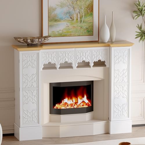 Timechee White Freestanding Electric Fireplaces Mantel Stand, Wooden Decorative Mantel Storage Cabinet with Doors and Shelves,Drawers, Fireplace Decor Entertainment Center with Storage for Living Room Timechee