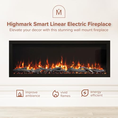 Modern Ember Highmark 50 Inch Smart Linear Electric Fireplace - Premium Flame with 10 Colors, Sleek Hidden Vent Design, Install Recessed in-Wall or Wall-Mount, WiFi Enabled Modern Ember