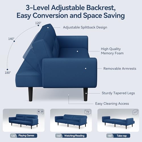AMICLIBER Futon Sofa Bed,75.8" Linen Fabric Comfy Futon Couch Bed,3 Seater Convertible Sleeper Sofa with Adjustable Backrests,Modern Folding Loveseat for Living Room,Office,Apartment,Bedroom,Blue AMICLIBER