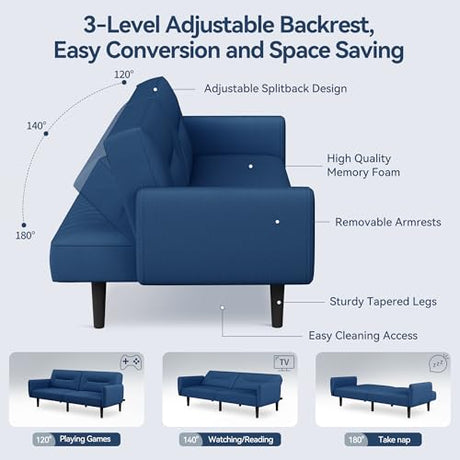 AMICLIBER Futon Sofa Bed,75.8" Linen Fabric Comfy Futon Couch Bed,3 Seater Convertible Sleeper Sofa with Adjustable Backrests,Modern Folding Loveseat for Living Room,Office,Apartment,Bedroom,Blue AMICLIBER