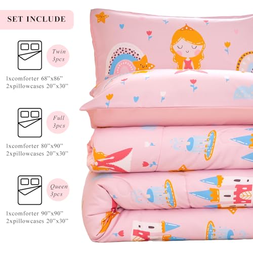 WINLIFE Pink Princess Comforter Set Queen Size for Girls 3 Pieces Soft Microfiber Cute Floral Fairytale Castle Pink and Blue Bedding Sets WINLIFE