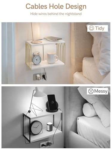 Sivapleso Floating Nightstand with Cable Hole, Modern Minimalism Small Wall Mounted White&Gold Bedside Table Pine Wood Hanging Night Stands Storage 2 Tier Shelf for Bedroom Bathroom Kitchen Sivapleso