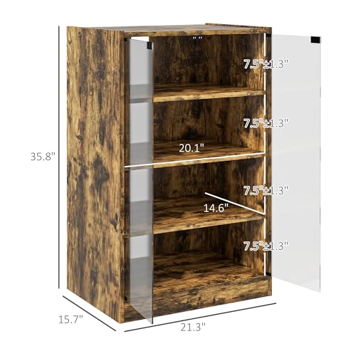 HOMCOM Media Cabinet, 4-Tier Stereo Cabinet, Record Player Stand with Vinyl Record Storage, Adjustable Shelves, Tempered Glass Doors and Cable Management, Rustic Brown HOMCOM
