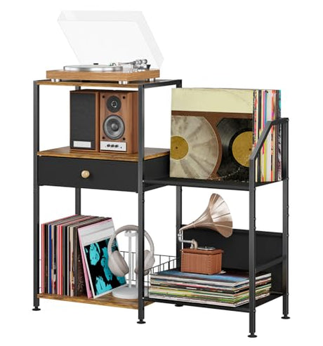 D.S.Exthefic 3 Tier Record Player Stand, Vinyl Shelf with Display Storage Up to 200 Albums, Vintage Turntable Holder Large End Table for Media Stereo Living Room, Black & Brown D.S.Exthefic