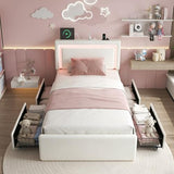 LoVinson Twin Size Bed Frame with 4 Storage Drawers, Charging Station and LED Light, Adjustable Upholstered Headboard, Noise-Free, No Box Spring Needed, Easy Assembly, White LoVinson