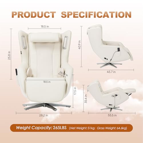 COLAMY Zero Gravity Massage Chair with 4-Zone Massage, Dual Lumbar Heat, Airbag Compression, 360° Swivel, Built-in Bluetooth Speakers & USB Charging, White COLAMY