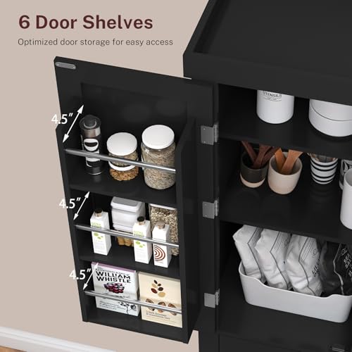 FIONESO 72” Pantry Cabinet, Tall Storage Cabinet with 6 Hanging Shelves & 1 Large Drawer, Kitchen Pantry Cabinet with Adjustable Shelf, for Dinging Room, Living Room, Black FIONESO
