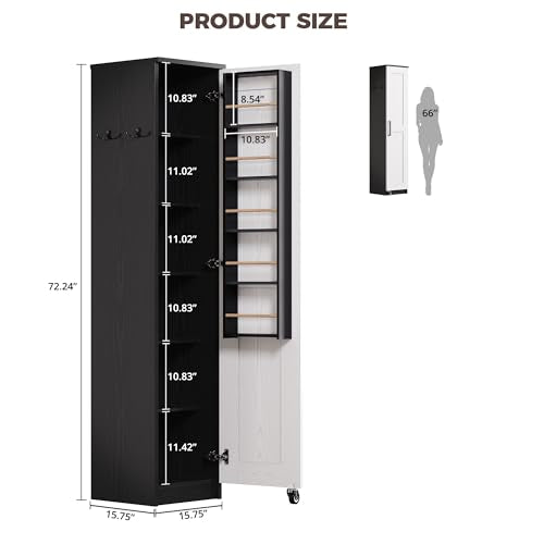 IRONCK Small Kitchen Pantry Cabinet 72" for Narrow Space, with Single Door and Adjustable Shelves, Freestanding Tall Storage Cabinet for Living Room, Bathroom, Black and White IRONCK