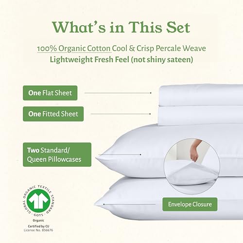 California Design Den Full Sheet Set - Soft 100% Organic Cotton Sheets with Deep Pockets, Crisp Percale, Breathable and Durable Bedding Set - White California Design Den