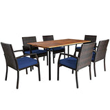 Tangkula 7 Pieces Patio Dining Set, Acacia Wood Wicker Dining Furniture Set with Sturdy Steel Frame & Umbrella Hole, Outdoor Dining Table Chair Set with Removable Cushions for Backyard, Garden Tangkula