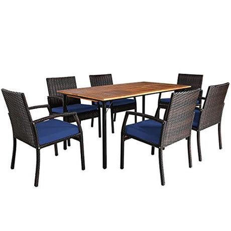 Tangkula 7 Pieces Patio Dining Set, Acacia Wood Wicker Dining Furniture Set with Sturdy Steel Frame & Umbrella Hole, Outdoor Dining Table Chair Set with Removable Cushions for Backyard, Garden Tangkula