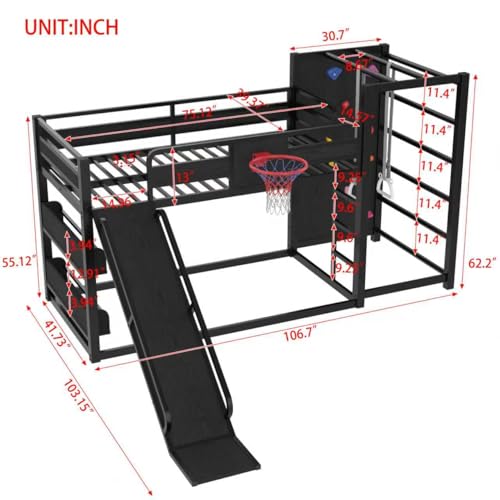 LUMISOL Twin Size Loft Bed with Slide, Basketball Hoop,Pull-up Rings and Climbing Wall, Heavy-Duty Metal Bunk Bed with Jungle Gym, Bookshelves for Kids, Boys, Girls, Black LUMISOL