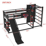 LUMISOL Twin Size Loft Bed with Slide, Basketball Hoop,Pull-up Rings and Climbing Wall, Heavy-Duty Metal Bunk Bed with Jungle Gym, Bookshelves for Kids, Boys, Girls, Black LUMISOL