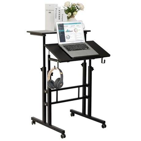 SIDUCAL Mobile Standing Desk, Portable Stand Up, Small Adjustable Converter with Wheels Home Office Workstation, Rolling Desk Laptop Cart for Standing or Sitting, Black SIDUCAL