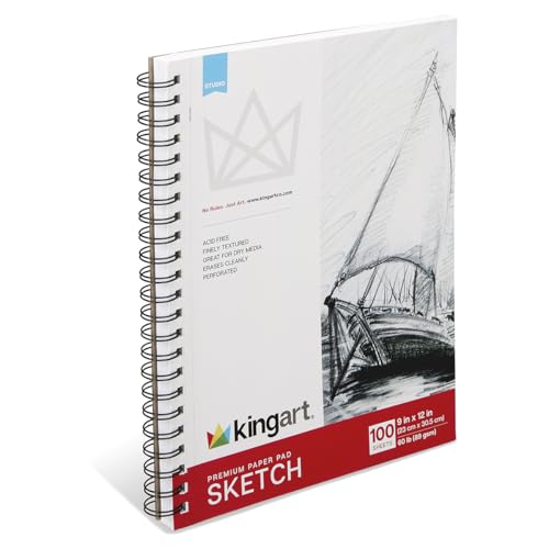 KINGART Spiral-Bound Sketch Pad, 9×12″, 100 Sheets, Acid-Free Paper, Perforated Edges, Durable Spiral Binding — Ideal for Dry Media Sketching KINGART