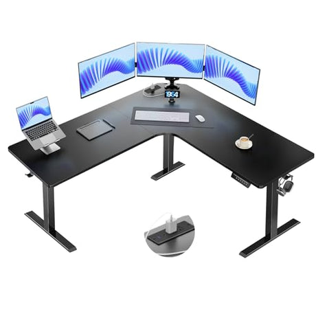 HUANUO Electric L Shaped Standing Desk, 63" x 63" Height Adjustable Corner Standing Desk with Built-in Power Outlets & Power Strip Holder, Sit Stand Up Table with 4 Preset Heights, Black HUANUO
