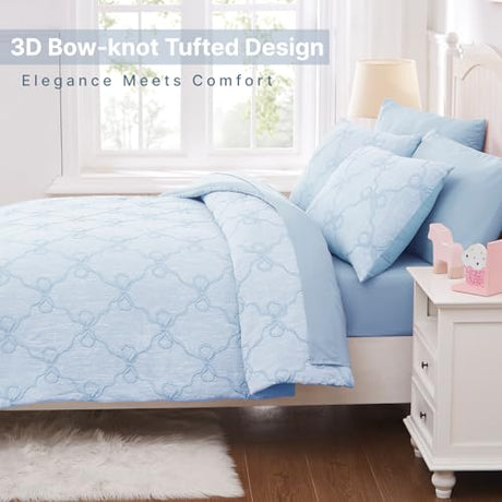 Wink Deer Queen Comforter Set with Sheets for Girls-7 Pieces Queen Bedding Sets with Light Blue Comforter, Sheets, Pillowcases & Shams for Kids (Light Blue Bow Knot, 90" X 90") Wink Deer
