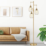 Dimmable Industrial Floor Lamps for Living Room, Gold Tree Standing Tall Lamps with 3 Elegant Teardrop Cage Head & 800 Lumens LED Bulbs for Bedroom Office Torondo