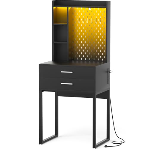 Besiost Small Vanity Desk with Hutch and Drawers, Black Makeup Vanity Desk with Charging Station, Vanity Table Dressing Table with LED Lights, Vanity Desk No Mirror with Pegboard for Girls Women, 24" Besiost