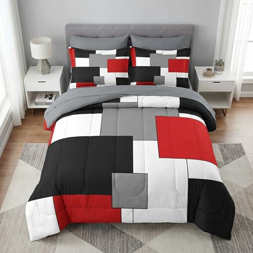 WeCozy 7 Pcs Queen Size Comforter Set with 2 Pillowcases & 2 Shams, Red and Black Geometric Bedding for Kids and Adults, Abstract Gray Bed in a Bag with Flat Fitted Sheet WeCozy