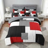 WeCozy 7 Pcs Queen Size Comforter Set with 2 Pillowcases & 2 Shams, Red and Black Geometric Bedding for Kids and Adults, Abstract Gray Bed in a Bag with Flat Fitted Sheet WeCozy